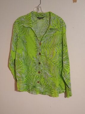 Unique Spectrum Lime Green Palm-Print Long Sleeve Button Shirt Jacket